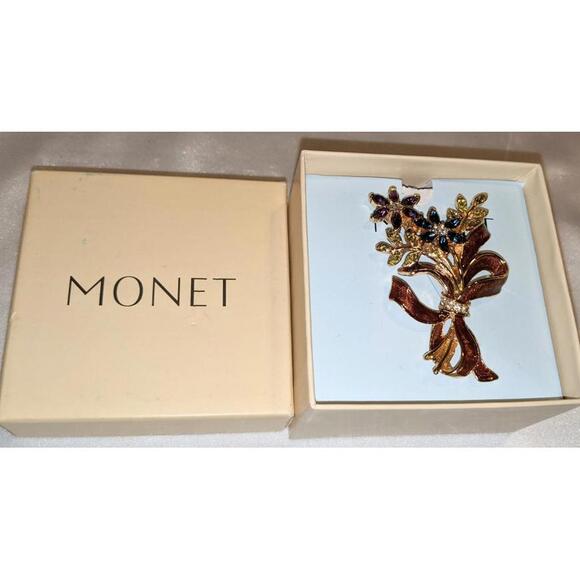 Vintage MONET Fall Flower Bouquet Brooch Pin Jeweled & Enameled Ribbon NIB - Picture 7 of 8